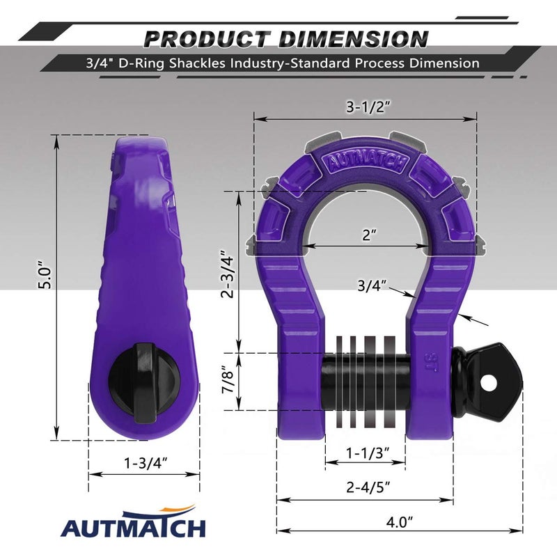 AUTMATCH D Ring Shackles 3/4"" Mega Shackle (2 Pack) 68 000Ibs Break Strength - Clevis Shackles 7/8"" Screw Pin and D Shackle Isolator & Washers Kit for Tow Strap Winch Off Road Vehicle Recovery  Purple - Image 3